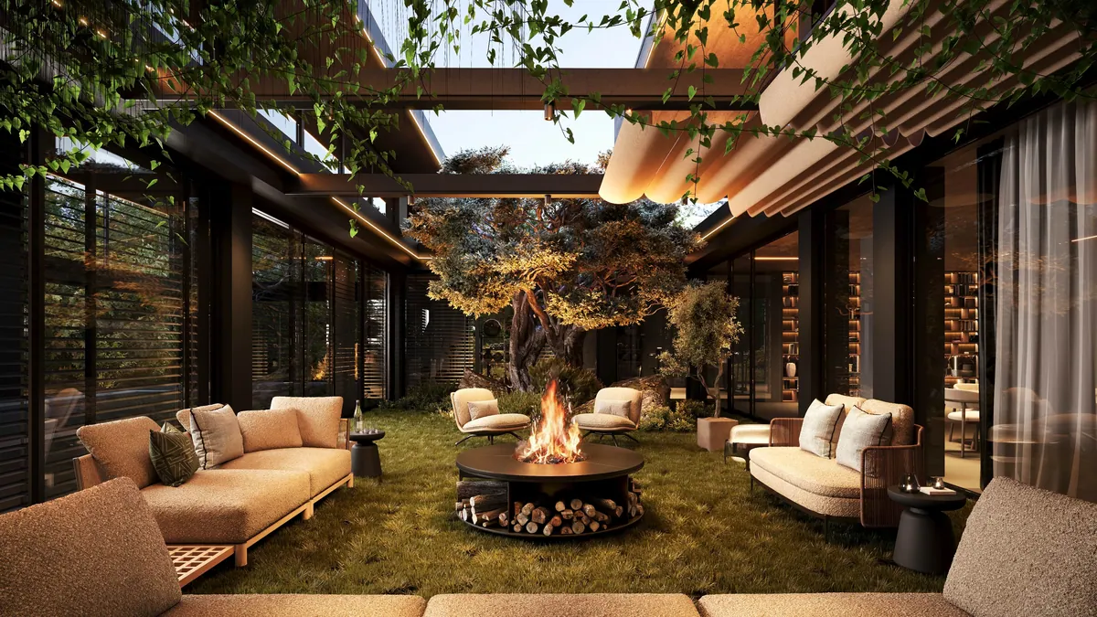Courtyard with fire pit and tree under the pergola