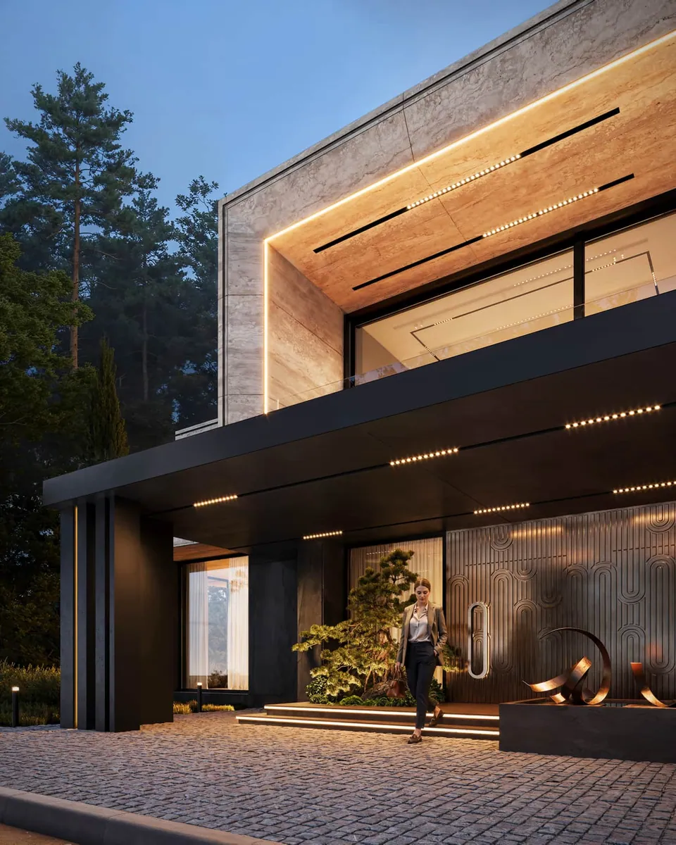 Covered entrance with fireplace
