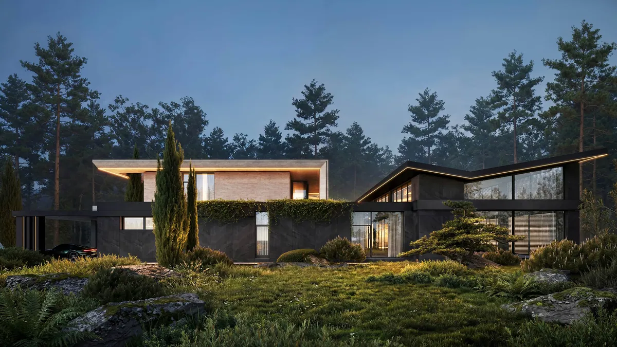 Linea Residence — garden elevation among the pines